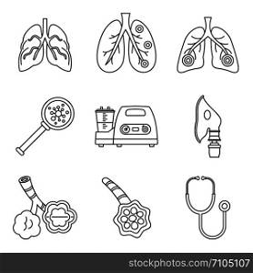 Pneumonia disease icon set. Outline set of pneumonia disease vector icons for web design isolated on white background. Pneumonia disease icon set, outline style