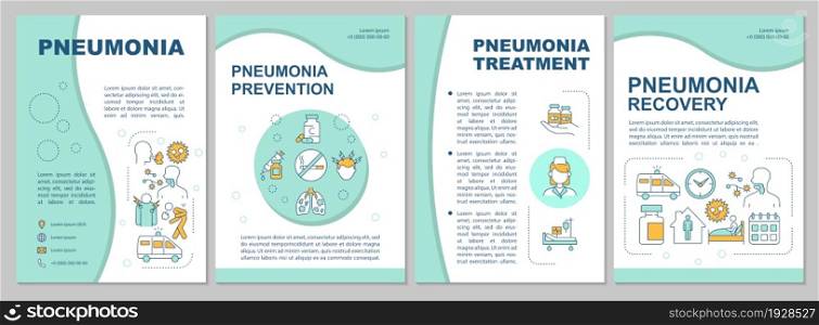 Pneumonia mint brochure template. Infection treatment and recovery. Flyer, booklet, leaflet print, cover design with linear icons. Vector layouts for presentation, annual reports, advertisement pages. Pneumonia mint brochure template
