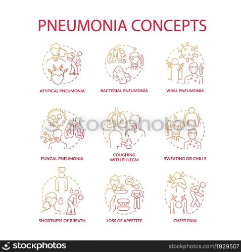 Pneumonia red gradient concept icons set. Pulmonary inflammation idea thin line color illustrations. Sweating and chills. Chest pain. Fungal and atypical pneumonia. Vector isolated outline drawings. Pneumonia red gradient concept icons set