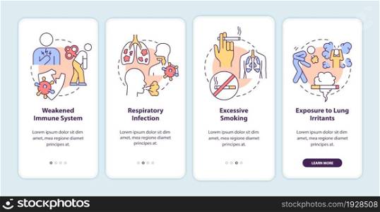Pneumonia risk factors onboarding mobile app page screen. Respiratory infection walkthrough 4 steps graphic instructions with concepts. UI, UX, GUI vector template with linear color illustrations. Pneumonia risk factors onboarding mobile app page screen