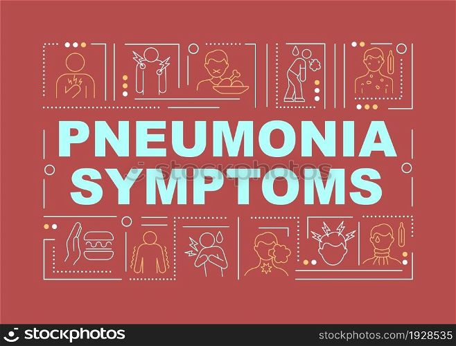 Pneumonia signs red word concepts banner. Lung inflammation symptoms. Infographics with linear icons on pink background. Isolated creative typography. Vector outline color illustration with text. Pneumonia signs red word concepts banner