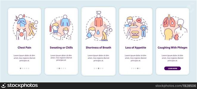 Pneumonia symptoms onboarding mobile app page screen. Chest pain and appetite loss walkthrough 5 steps graphic instructions with concepts. UI, UX, GUI vector template with linear color illustrations. Pneumonia symptoms onboarding mobile app page screen