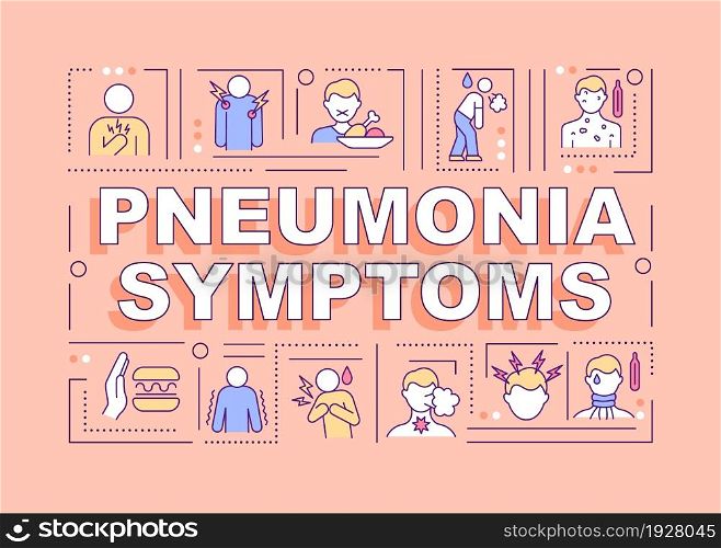 Pneumonia symptoms word concepts banner. Common infection signs. Infographics with linear icons on pink background. Isolated creative typography. Vector outline color illustration with text. Pneumonia symptoms word concepts banner