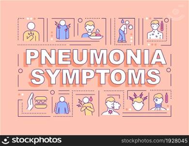 Pneumonia symptoms word concepts banner. Common infection signs. Infographics with linear icons on pink background. Isolated creative typography. Vector outline color illustration with text. Pneumonia symptoms word concepts banner