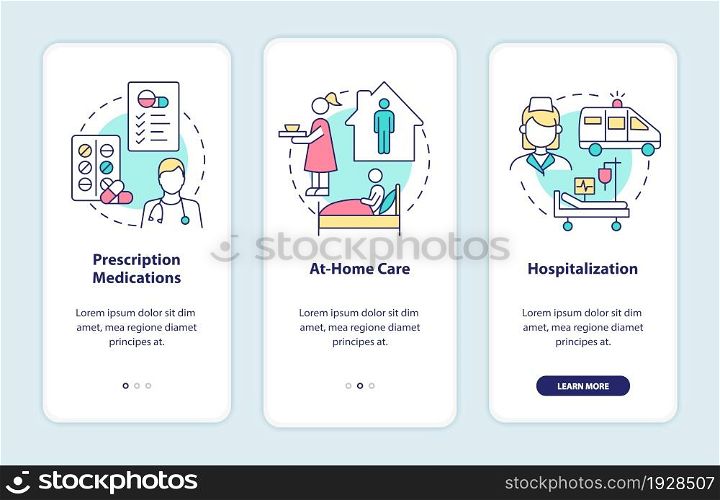Pneumonia treatment onboarding mobile app page screen. Medications and rest walkthrough 3 steps graphic instructions with concepts. UI, UX, GUI vector template with linear color illustrations. Pneumonia treatment onboarding mobile app page screen