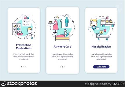 Pneumonia treatment onboarding mobile app page screen. Medications and rest walkthrough 3 steps graphic instructions with concepts. UI, UX, GUI vector template with linear color illustrations. Pneumonia treatment onboarding mobile app page screen