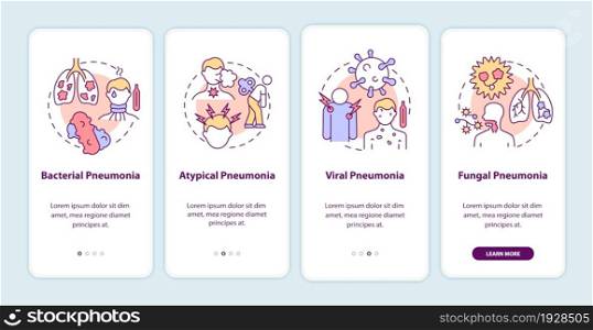 Pneumonia types onboarding mobile app page screen. Bacterial and viral infections walkthrough 4 steps graphic instructions with concepts. UI, UX, GUI vector template with linear color illustrations. Pneumonia types onboarding mobile app page screen