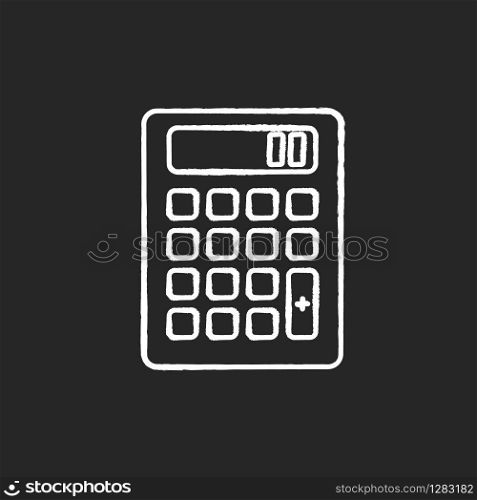 Pocket calculator chalk white icon on black background. Mathematical calculation. Quick counting. Small electronic gadget. Accounting. Finance. Mobile device. Isolated vector chalkboard illustration