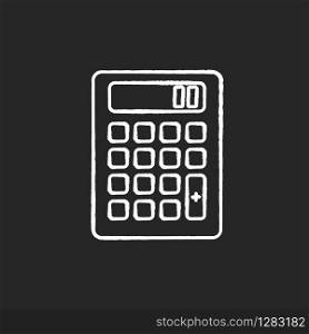 Pocket calculator chalk white icon on black background. Mathematical calculation. Quick counting. Small electronic gadget. Accounting. Finance. Mobile device. Isolated vector chalkboard illustration