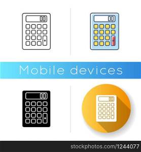Pocket calculator icon. Mathematical calculation. Quick counting. Small electronic gadget. Accounting. Finance. Technology. Linear black and RGB color styles. Isolated vector illustrations
