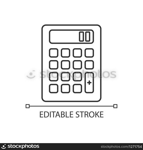 Pocket calculator pixel perfect linear icon. Calculation. Quick counting. Small electronic gadget. Thin line customizable illustration. Contour symbol. Vector isolated outline drawing. Editable stroke