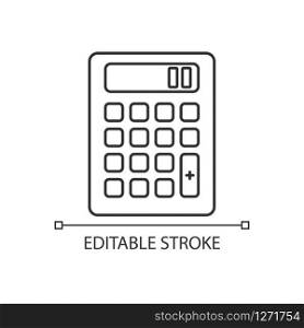 Pocket calculator pixel perfect linear icon. Calculation. Quick counting. Small electronic gadget. Thin line customizable illustration. Contour symbol. Vector isolated outline drawing. Editable stroke