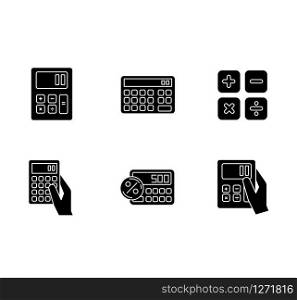 Pocket calculators black glyph icons set on white space. Mathematical calculation. Quick counting. Small electronic gadgets. Accounting. Finance. Silhouette symbols. Vector isolated illustration