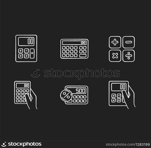 Pocket calculators chalk white icons set on black background. Mathematical calculation. Quick counting. Small electronic gadgets. Accounting. Mobile devices. Isolated vector chalkboard illustrations