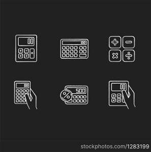 Pocket calculators chalk white icons set on black background. Mathematical calculation. Quick counting. Small electronic gadgets. Accounting. Mobile devices. Isolated vector chalkboard illustrations