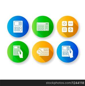 Pocket calculators flat design long shadow glyph icons set. Mathematical calculation. Quick counting. Small electronic gadgets. Accounting. Finance. Mobile devices. Silhouette RGB color illustration