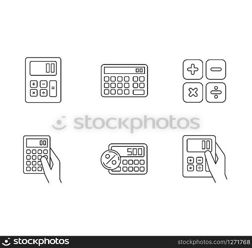 Pocket calculators pixel perfect linear icons set. Mathematical calculation. Quick counting. Accounting. Customizable thin line contour symbols. Isolated vector outline illustrations. Editable stroke
