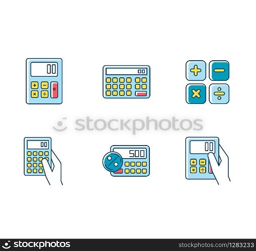 Pocket calculators RGB color icons set. Mathematical calculation. Quick counting. Small electronic gadgets. Accounting. Finance. Technology. Mobile devices. Isolated vector illustrations