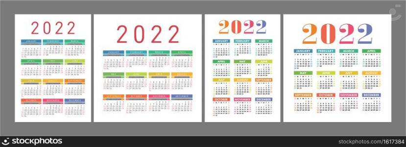 Pocket calendar 2022 year. Portrait orientation. English colorful vector set. Vertical and square template. Design collection. Week starts on Sunday