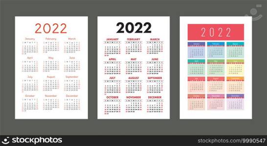 Pocket calendar 2022 year. Portrait orientation. English colorful vector set. Vertical template. Design collection. Week starts on Sunday