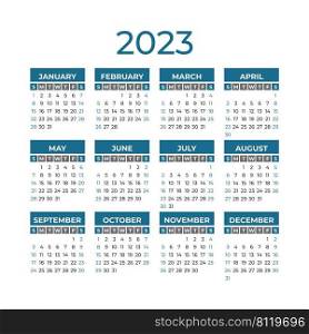 Pocket calendar 2023. English vector square wall or pocket calender template. New year. Week starts on Sunday.
