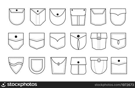 Pocket icon. Denim clothes patch with flaps and buttons. Seam on jeans bag line graphic collection. Isolated pants or shirt pouches with decorative stitches. Vector casual garment fashion elements set. Pocket icon. Denim clothes patch with flaps and buttons. Seam on jeans bag line graphic collection. Pants or shirt pouches with decorative stitches. Vector casual garment elements set