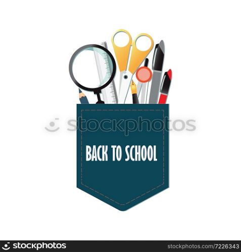 Pocket of Back to school conceptual with office supply,Pencils ,Pens , Ruler,scissor ,dividers and magnifying glass isolated on white, vector illustration.