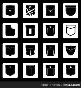 Pocket types icons set in white squares on black background simple style vector illustration. Pocket types icons set squares vector