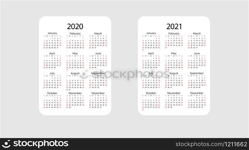 Pocket vector calendar 2020 and 2021 year. Minimal business simple clean design. English grid, week starts from sunday.
