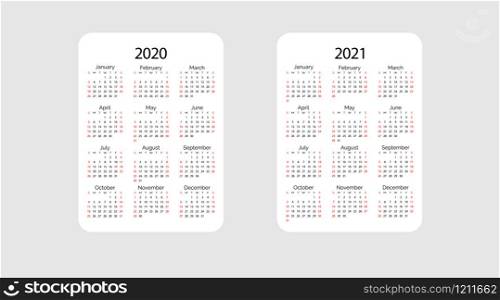 Pocket vector calendar 2020 and 2021 year. Minimal business simple clean design. English grid, week starts from sunday.