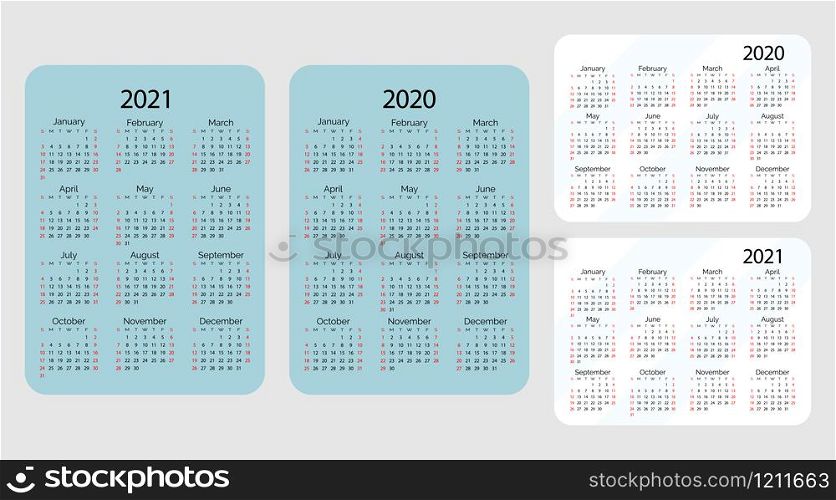 Pocket vector calendar 2020 and 2021 year. Vertical and gorizontal calenders. Minimal business simple clean design. English grid, week starts from sunday.