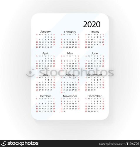 Pocket vector calendar 2020 year. Minimal business simple clean design. English grid, week starts from sunday.
