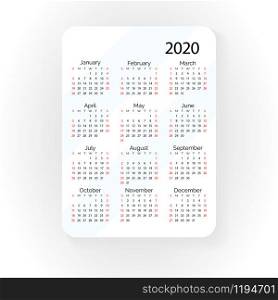 Pocket vector calendar 2020 year. Minimal business simple clean design. English grid, week starts from sunday.