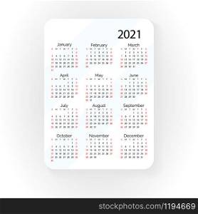 Pocket vector calendar 2021 year. Minimal business simple clean design. English grid, week starts from sunday.