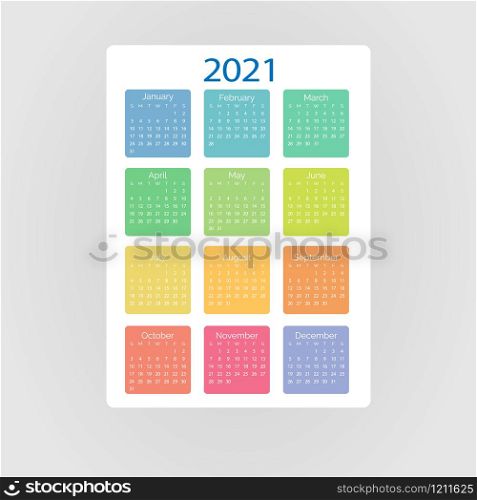 Pocket vector calendar 2021 year. Minimal business simple clean design multi colored months. English grid, week starts from sunday.