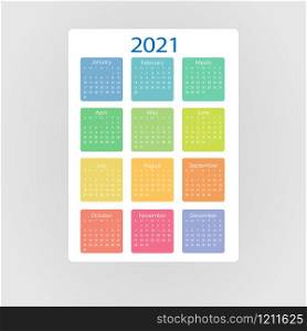 Pocket vector calendar 2021 year. Minimal business simple clean design multi colored months. English grid, week starts from sunday.