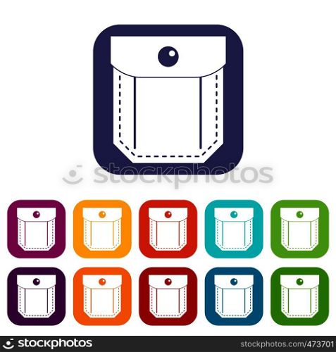 Pocket with valve and button icons set vector illustration in flat style In colors red, blue, green and other. Pocket with valve and button icons set flat