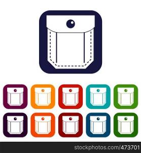 Pocket with valve and button icons set vector illustration in flat style In colors red, blue, green and other. Pocket with valve and button icons set flat