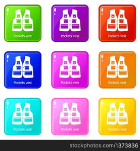 Pockets vest icons set 9 color collection isolated on white for any design. Pockets vest icons set 9 color collection