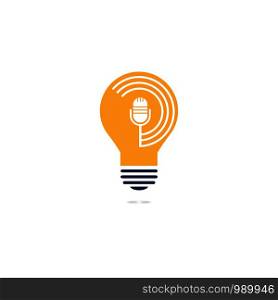 Podcast and bulb lamp logo design. Studio table microphone with broadcast icon design.