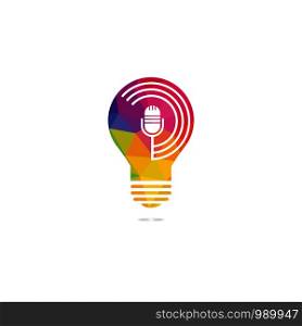 Podcast and bulb lamp logo design. Studio table microphone with broadcast icon design.