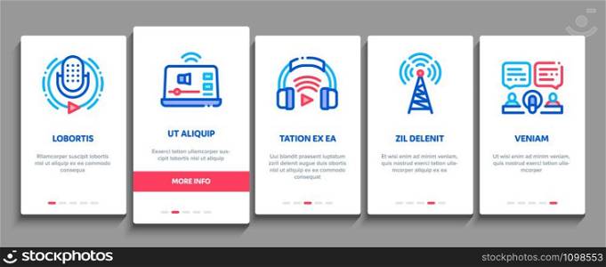 Podcast And Radio Onboarding Mobile App Page Screen. Internet Global Live Broadcasting Podcast, Headphones, Microphone And Antenna Concept Illustrations. Podcast And Radio Onboarding Elements Icons Set Vector