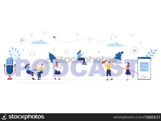 Podcast Background Vector illustration People Using Headset To Record Audio, Host Interviewing Guest or Online Show With Sound Recording Equipment and Microphone Concept