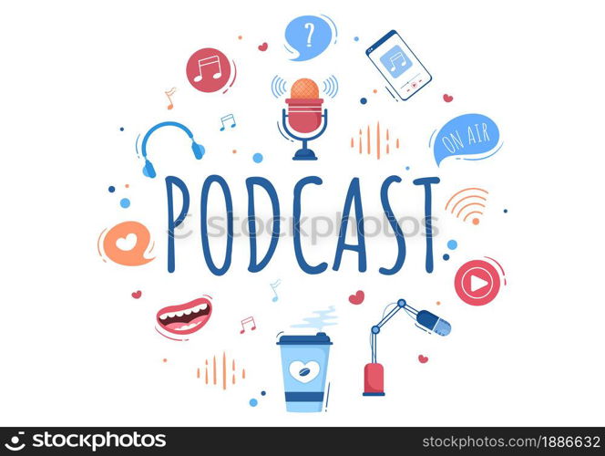 Podcast Background Vector illustration People Using Headset To Record Audio, Host Interviewing Guest or Online Show With Sound Recording Equipment and Microphone Concept