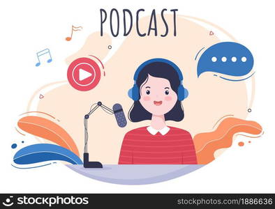 Podcast Background Vector illustration People Using Headset To Record Audio, Host Interviewing Guest or Online Show With Sound Recording Equipment and Microphone Concept