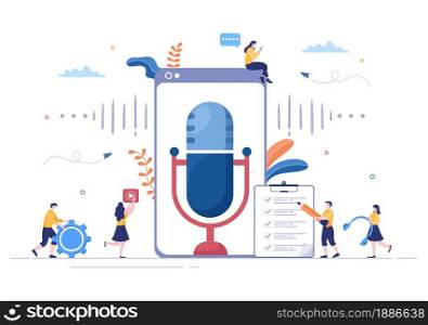 Podcast Background Vector illustration People Using Headset To Record Audio, Host Interviewing Guest or Online Show With Sound Recording Equipment and Microphone Concept