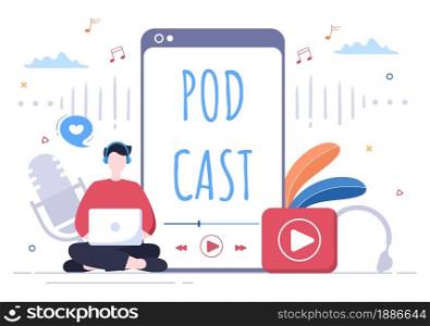 Podcast Background Vector illustration People Using Headset To Record Audio, Host Interviewing Guest or Online Show With Sound Recording Equipment and Microphone Concept