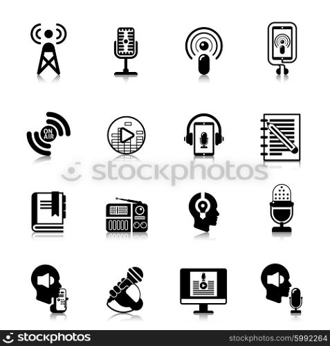 Podcast Black Icons Channel Concept. Podcast black icons for channel concept or report presentation or website isolated vector illustration