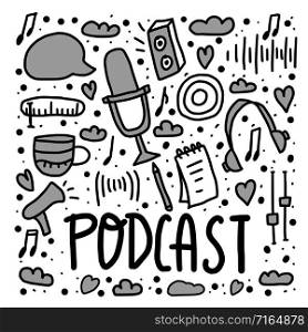 Podcast card with handwritten lettering and decoration. Poster with text and symbols in doodle style. Vector conceptual illustration.