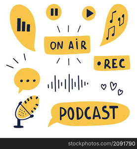 Podcast concept with handwritten lettering and decoration. Text and podcasts symbols isolated on white background. Vector color illustration.. Podcast concept with handwritten lettering and decoration. Text and podcasts symbols isolated on white background.